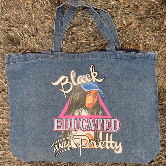 unbranded Handbags - Black Educated and Pretty Denim Tote Bag